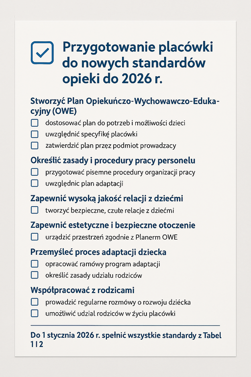 Lista przygotowań placówki do nowych standardów opieki od 2026 r.