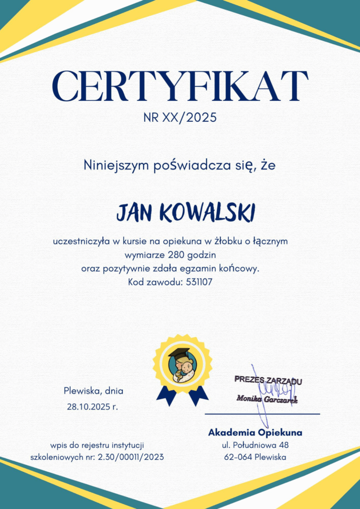Certyfikat ukończenia kursu opiekuna w żłobku razem z Akademią opiekuna żłobkowego