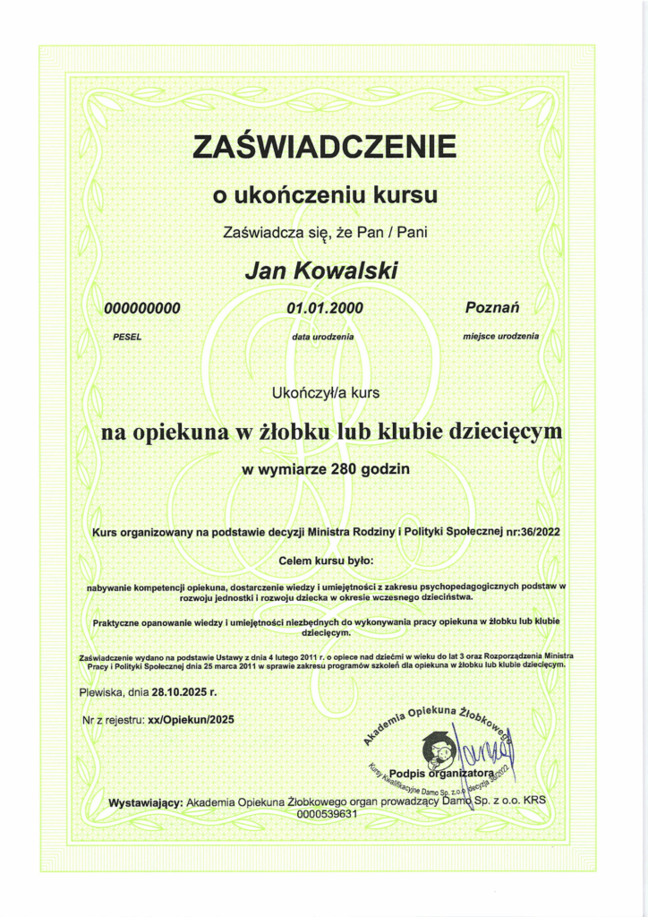 Zaświadczenie o ukończeniu kursu opiekuna w żłobku razem z Akademią opiekuna żłobkowego