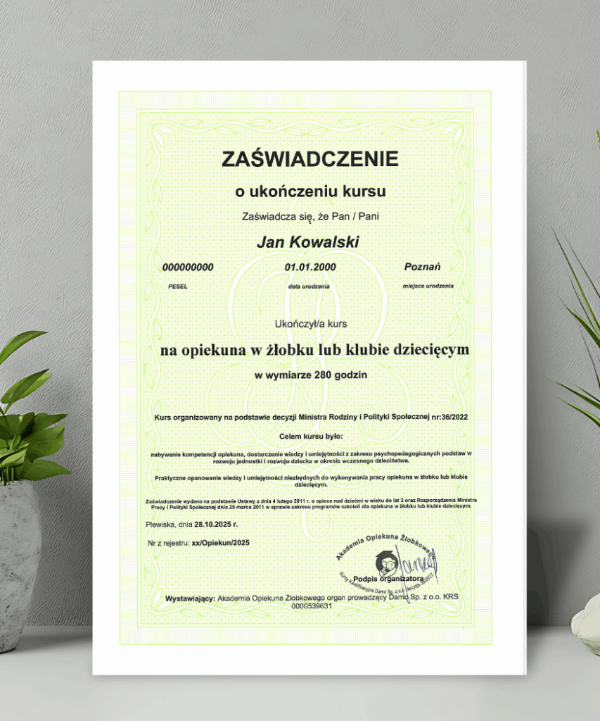 Zaświadczenie o ukończeniu kursu opiekuna w żłobku razem z Akademią opiekuna żłobkowego